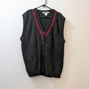 Victoria Jones Woman Black Red Plaid Collar Knit Sweater Vest, Women's 3X, VTG